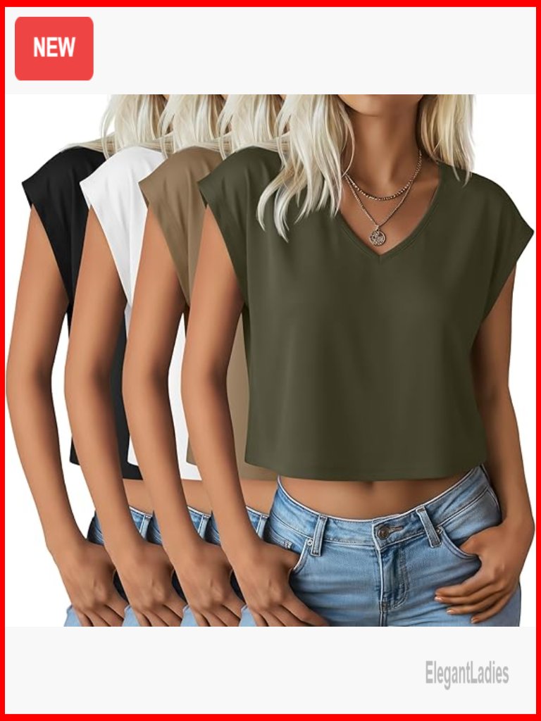 V Neck Crop Tops Cap Sleeves Loose Fit Short T Shirts 4 Pack